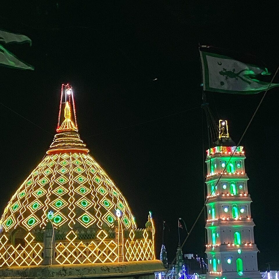 Nagore Dargah Sharif main shrine and minarets illuminated during Urus Kandhuri festival in Nagore Tamil Nadu